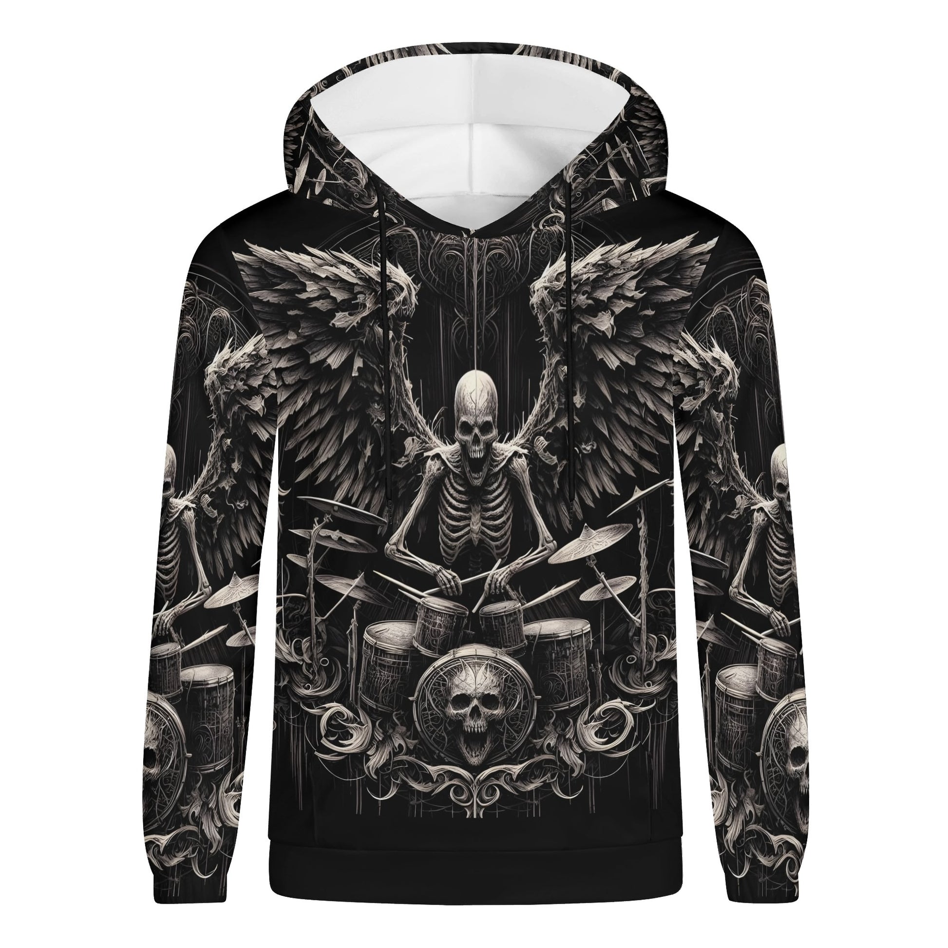 Dark drumming cotton terry hoodie featuring a skeleton drummer with wings and detailed skull design