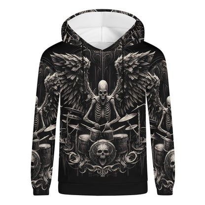 Dark drumming cotton terry hoodie featuring a skeleton drummer with wings and detailed skull design