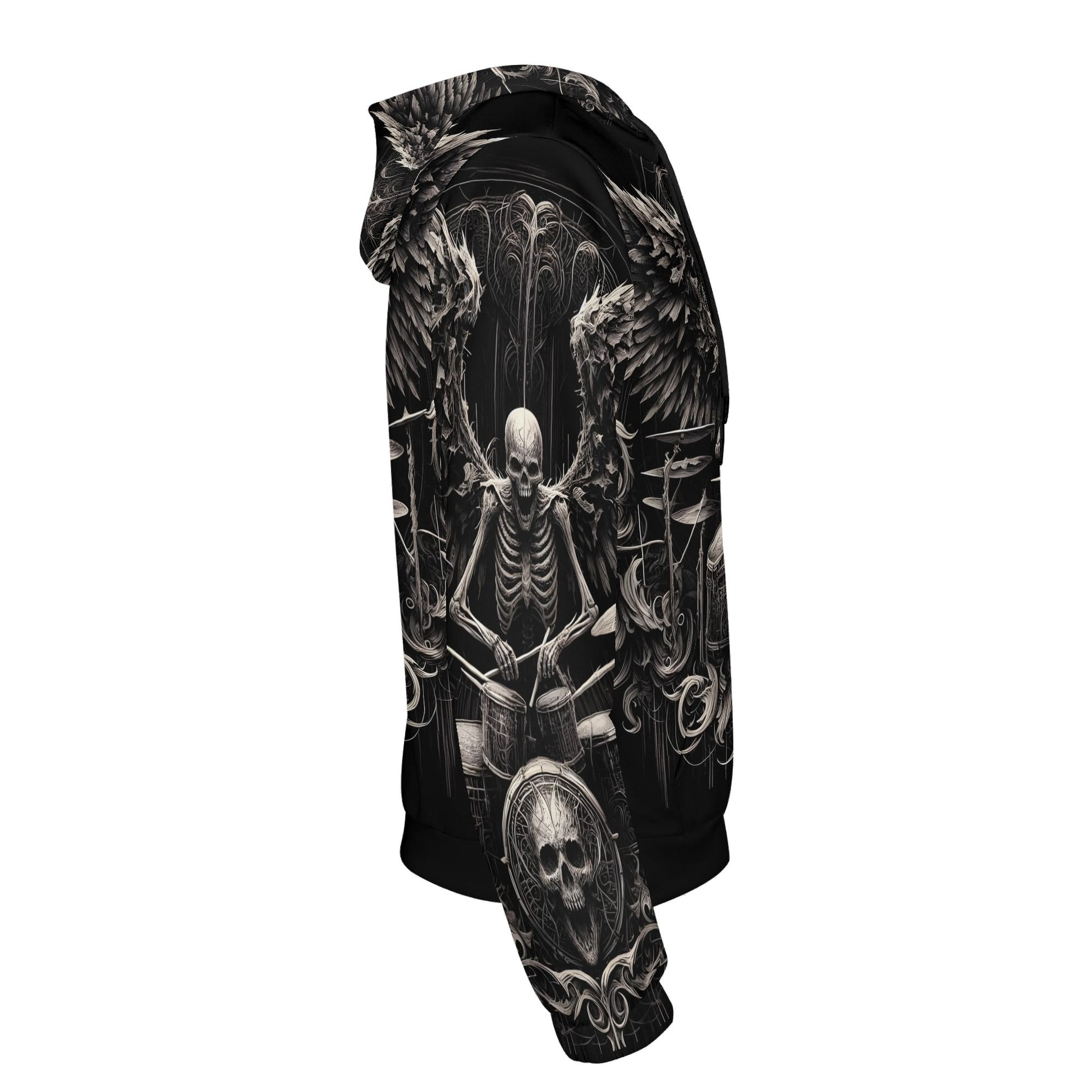 Dark drumming cotton terry hoodie with skeleton drummer and gothic wings design by Loud and Lethal