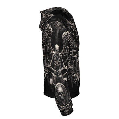 Dark drumming cotton terry hoodie with skeleton drummer and gothic wings design by Loud and Lethal