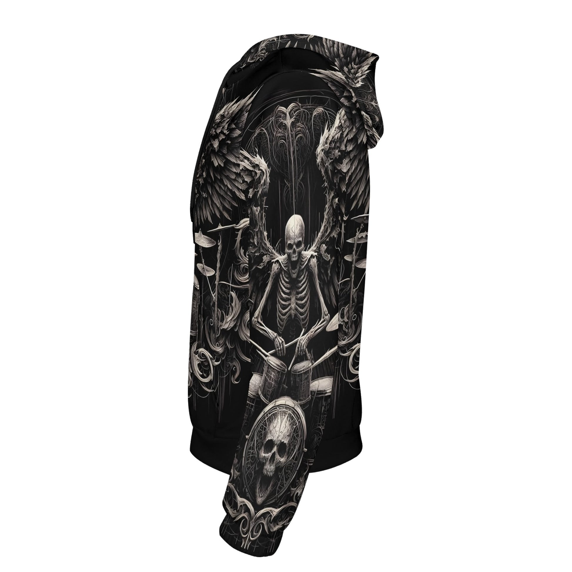 Unisex Loud and Lethal dark drumming cotton terry hoodie with skeleton drummer and skull design