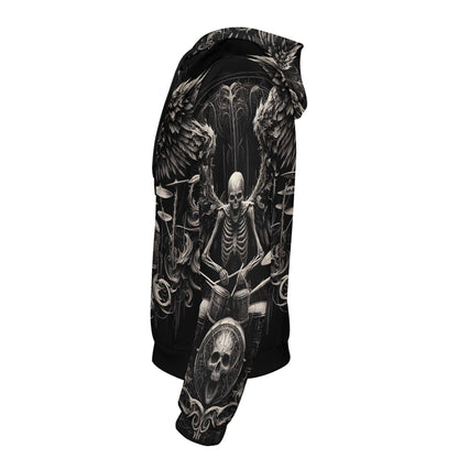 Unisex Loud and Lethal dark drumming cotton terry hoodie with skeleton drummer and skull design