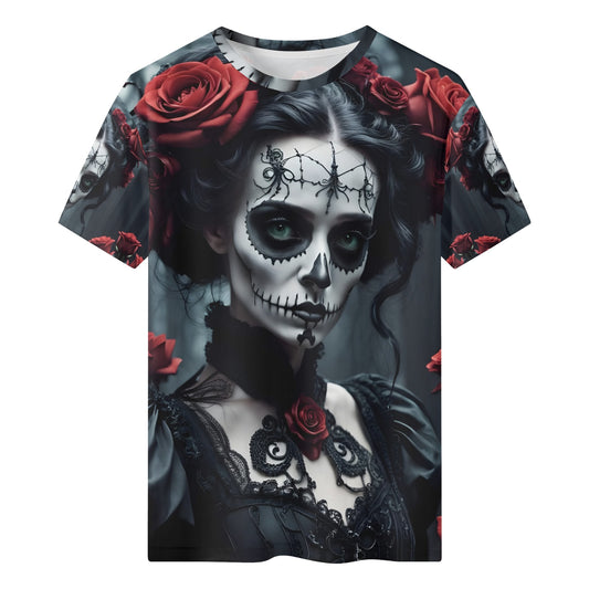 Loud and Lethal Dark Rose Enigma 100 Cotton T-Shirt featuring gothic woman with skull face paint and red roses