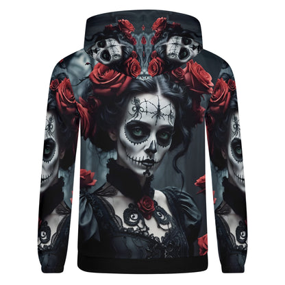 Dark Rose Enigma Poly French Terry hoodie with gothic skull makeup and red rose design by Loud and Lethal
