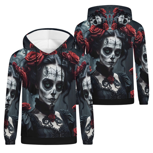 Dark Rose Enigma Poly French Terry hoodie by Loud and Lethal with gothic skull face and red rose design
