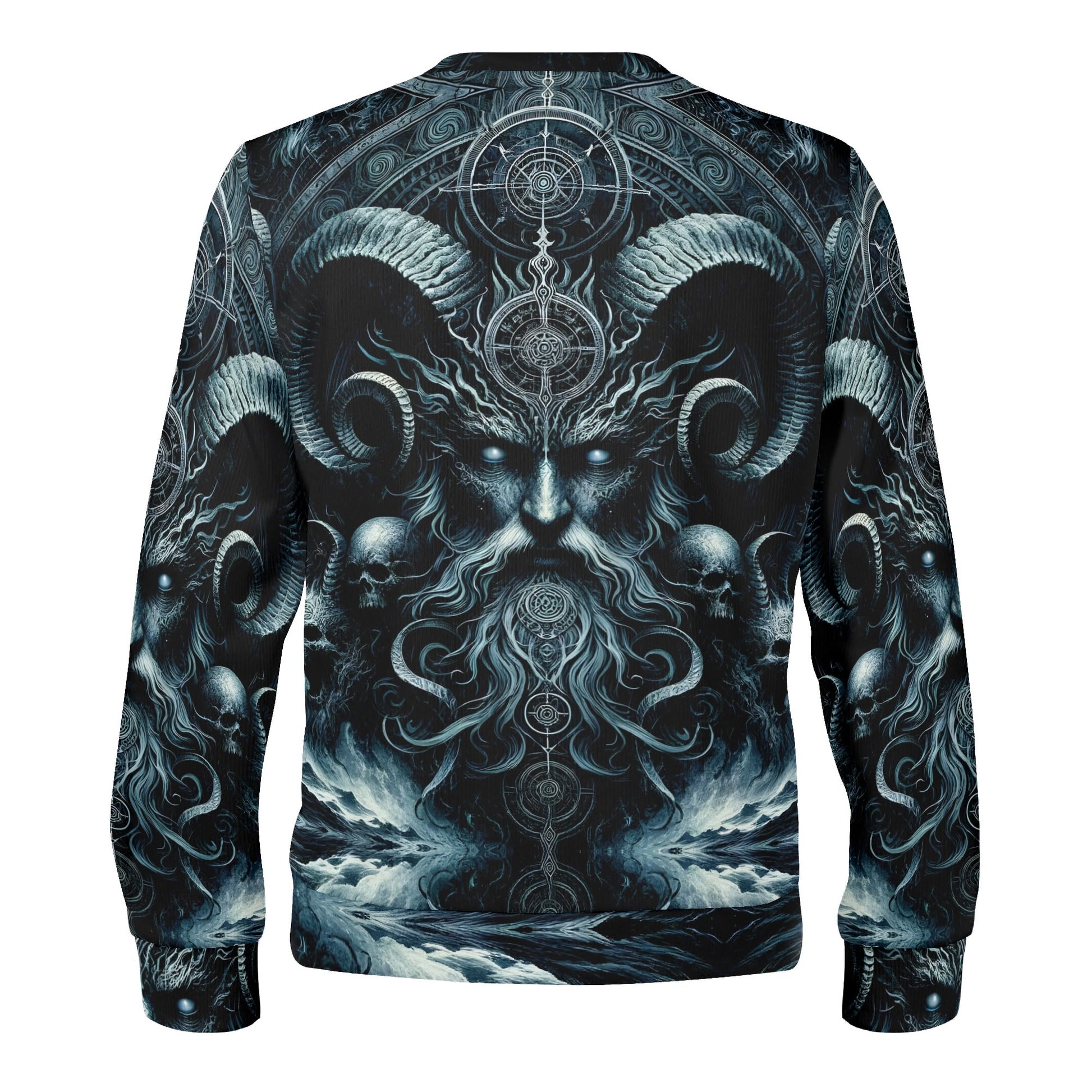 The Seas Dark Sentinel Cotton Terry Sweatshirt unisex back print featuring a horned sea god with skulls and stormy waves