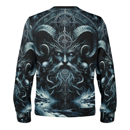 The Seas Dark Sentinel Cotton Terry Sweatshirt unisex back print featuring a horned sea god with skulls and stormy waves