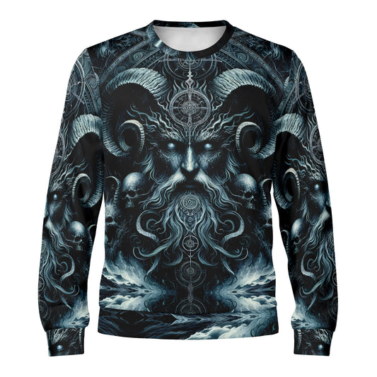 Loud and Lethal unisex sweater with horned sea god skulls and waves design The Seas Dark Sentinel Cotton Terry Sweatshirt
