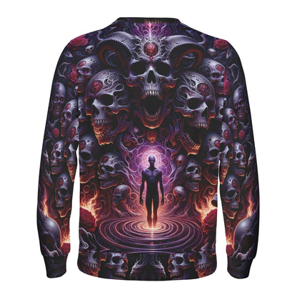 The Abyssal Symphony Poly French Terry Sweatshirt unisex sweater with dark skulls, purple energy vortex and glowing human figure