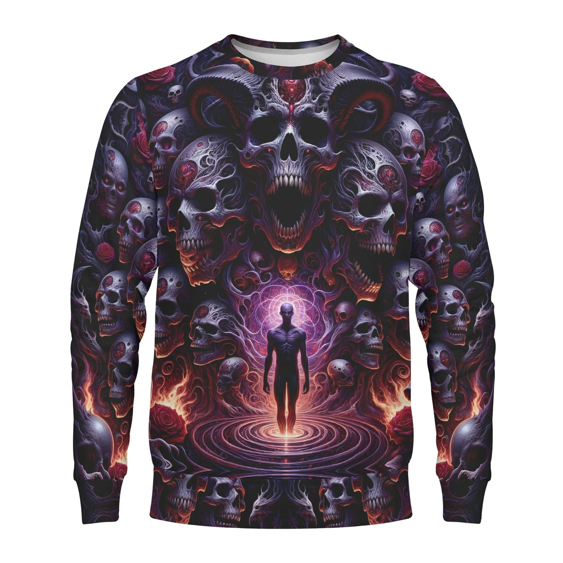 The Abyssal Symphony Poly French Terry Sweatshirt. Loud and Lethal unisex sweatshirt with skulls and glowing purple figure