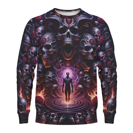 The Abyssal Symphony Poly French Terry Sweatshirt. Loud and Lethal unisex sweatshirt with skulls and glowing purple figure
