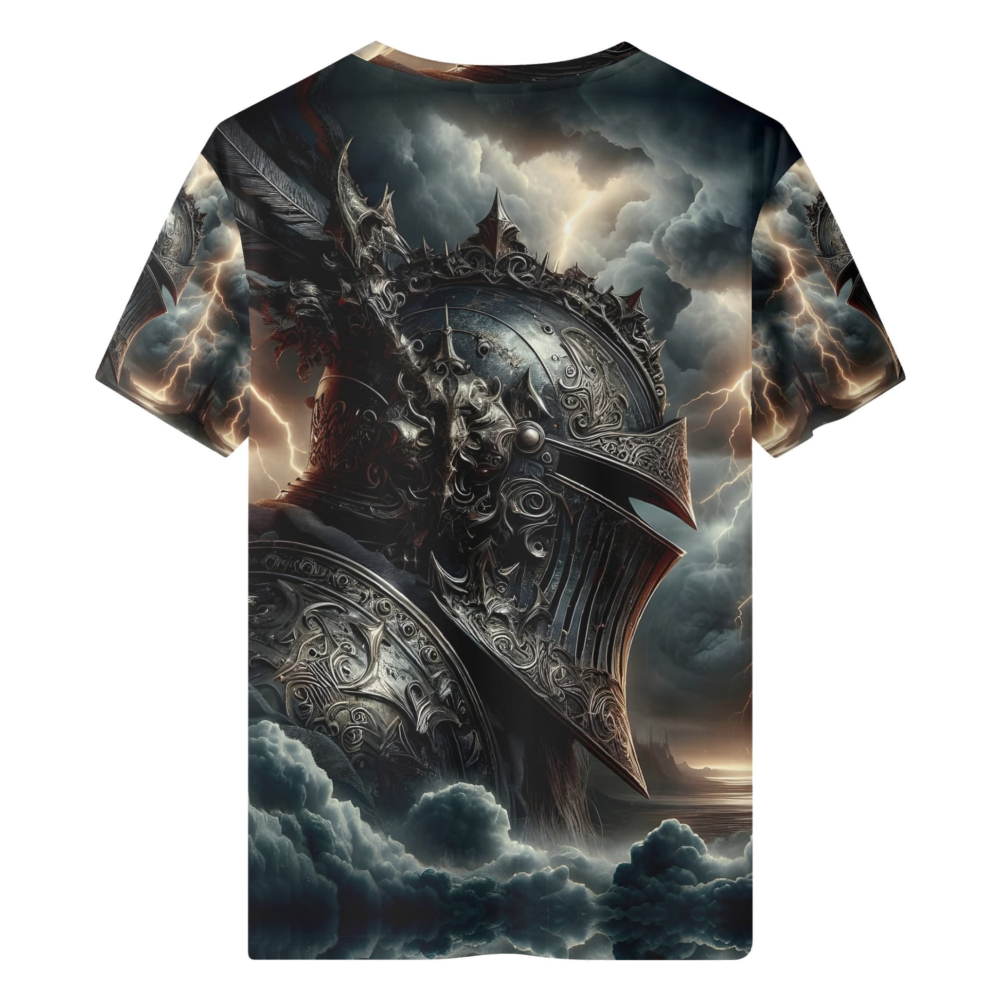 Darkbolt Knight 100 Cotton T-Shirt with detailed armored knight graphic and stormy lightning background
