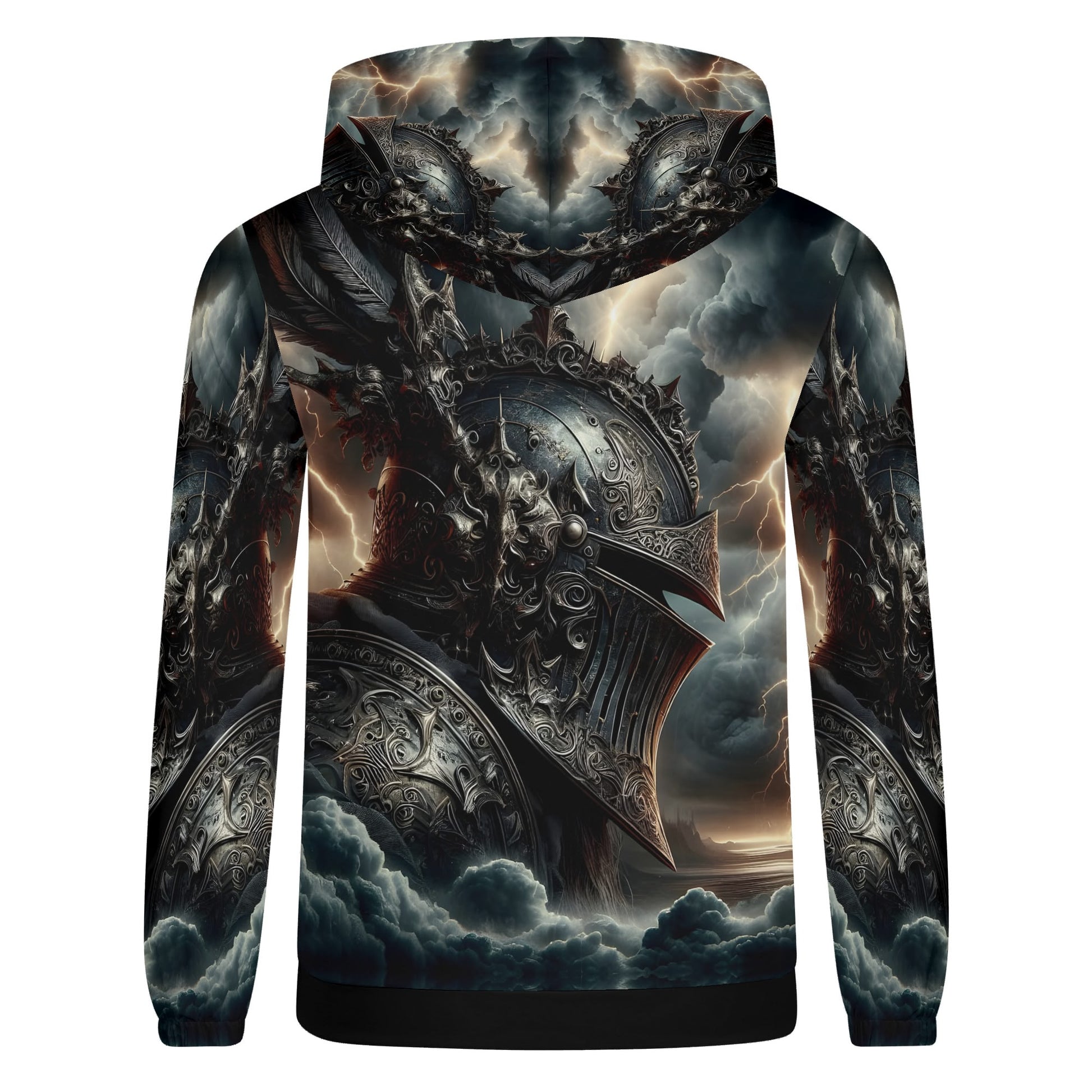 Darkbolt Knight Poly French Terry hoodie with detailed armored knight and stormy clouds design