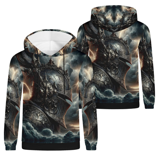 Darkbolt Knight Poly French Terry hoodie by Loud and Lethal with detailed armored knight and stormy clouds design