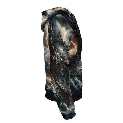 Darkbolt Knight Poly French Terry hoodie by Loud and Lethal with stormy armored knight design