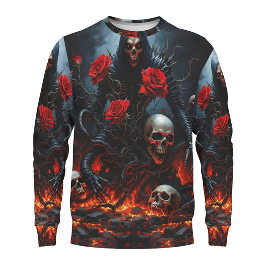 Loud and Lethal unisex crewneck featuring Maleficent Macabre Cotton Terry Sweatshirt design with skulls red roses and lava