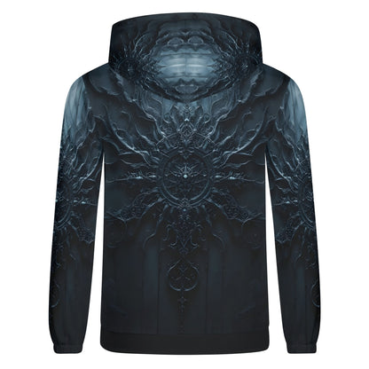 Darkened Essence Cotton Terry hoodie by Loud and Lethal with intricate dark abstract design on back
