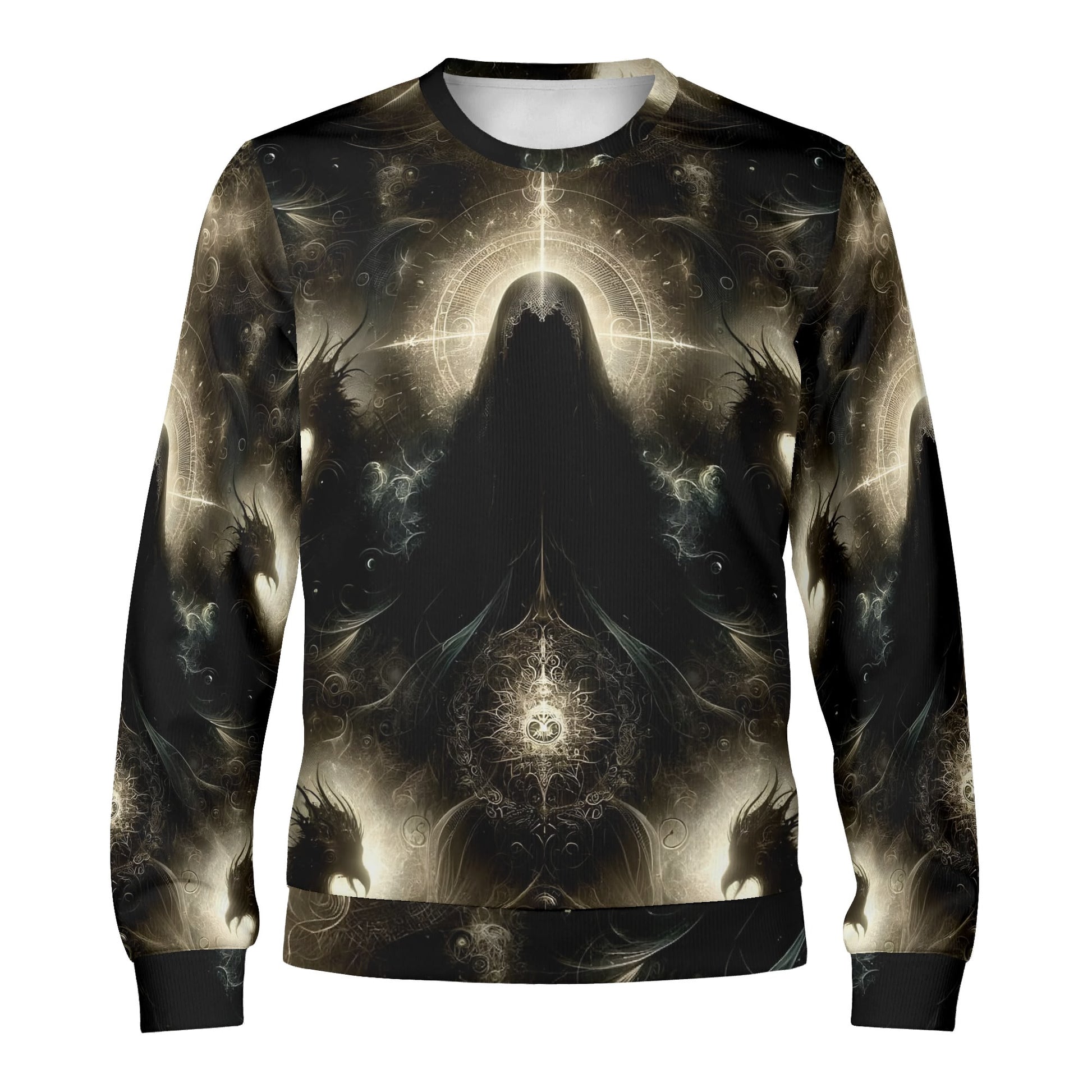 Keeper of the Obsidian Wings Poly French Terry Sweatshirt unisex sweater dark gothic hooded figure with halo and obsidian wings