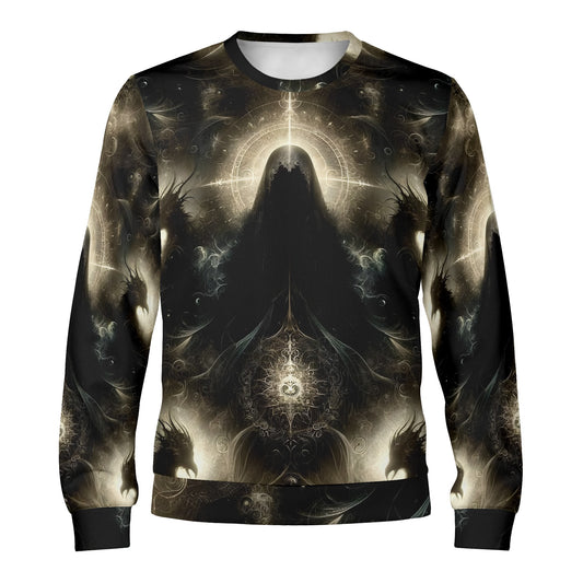 Keeper of the Obsidian Wings Poly French Terry Sweatshirt unisex sweater dark gothic hooded figure with halo and obsidian wings