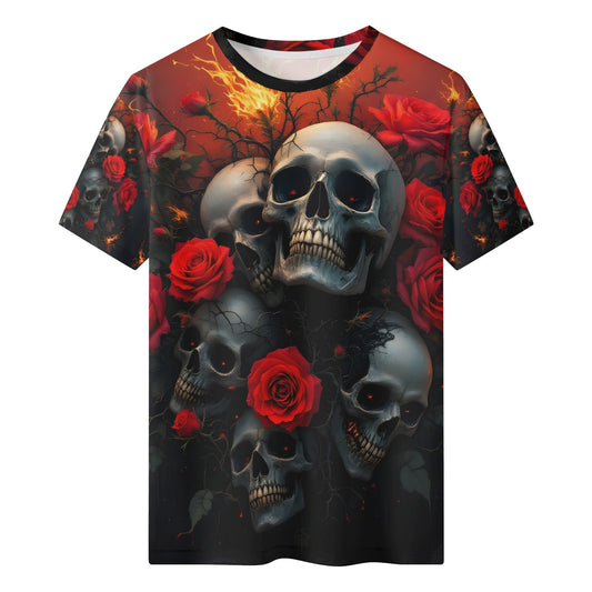 A Skulls Dance Poly French Terry Sweatshirt by Loud and Lethal featuring stacked skulls and red roses on dark background