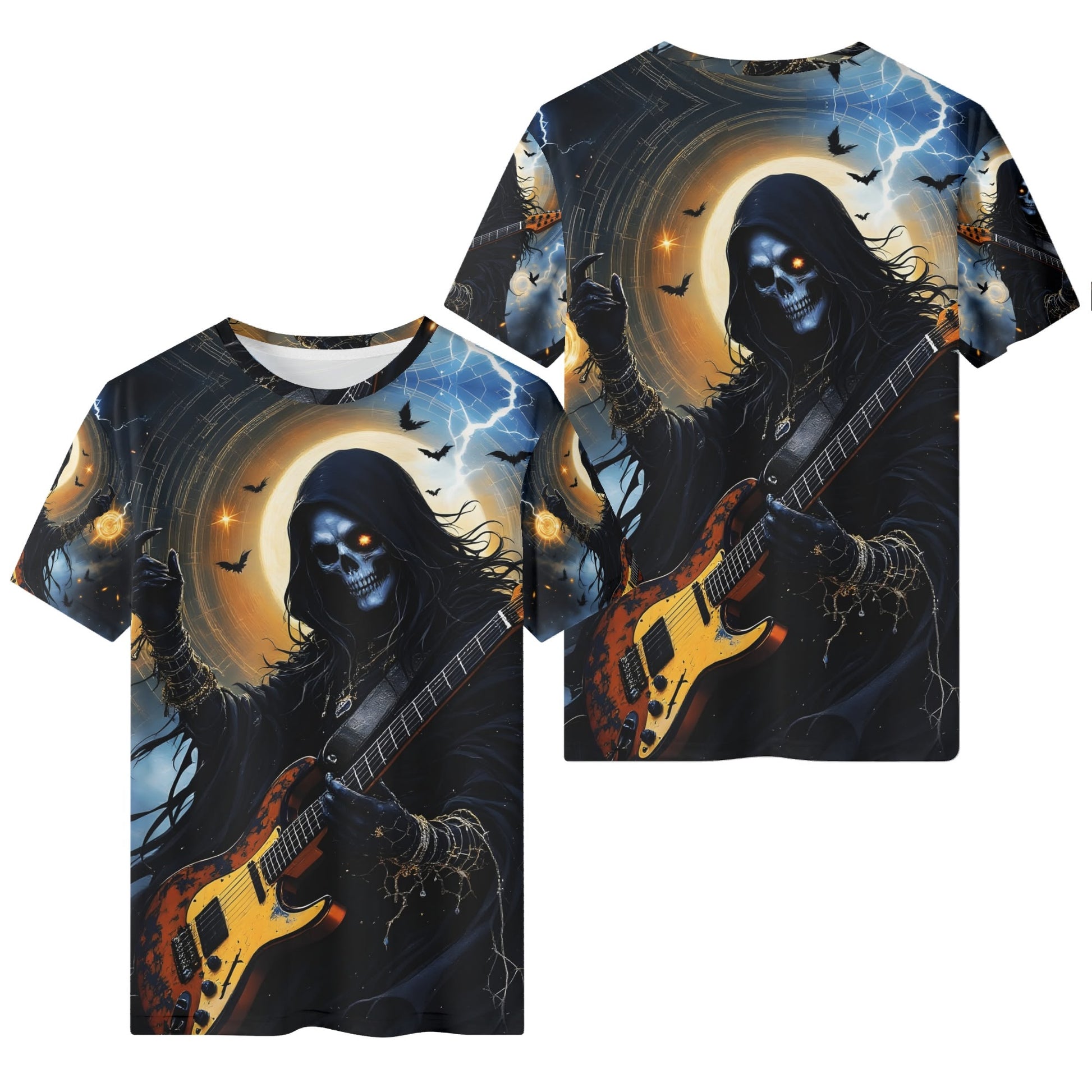 Death Metal Muse 100 Cotton T-Shirt featuring a skeleton guitarist with lightning and bats in dark theme