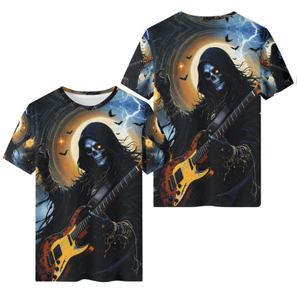 Death Metal Muse 100 Cotton T-Shirt featuring a skeleton guitarist with lightning and bats in dark theme