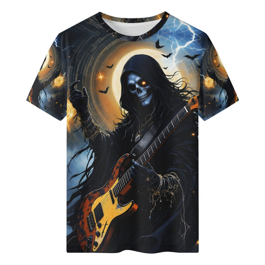Death Metal Muse 100 Cotton T-Shirt featuring grim reaper playing electric guitar with lightning and bats