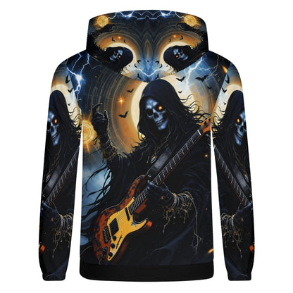 Loud and Lethal Death Metal Muse Poly French Terry hoodie with skeleton guitarist and lightning design