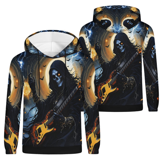 Death Metal Muse Poly French Terry hoodie with grim reaper playing electric guitar and dark spooky design