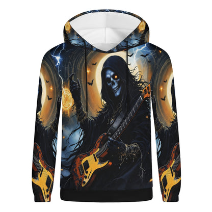 Death Metal Muse Poly French Terry hoodie with skull guitarist and dark electric storm design