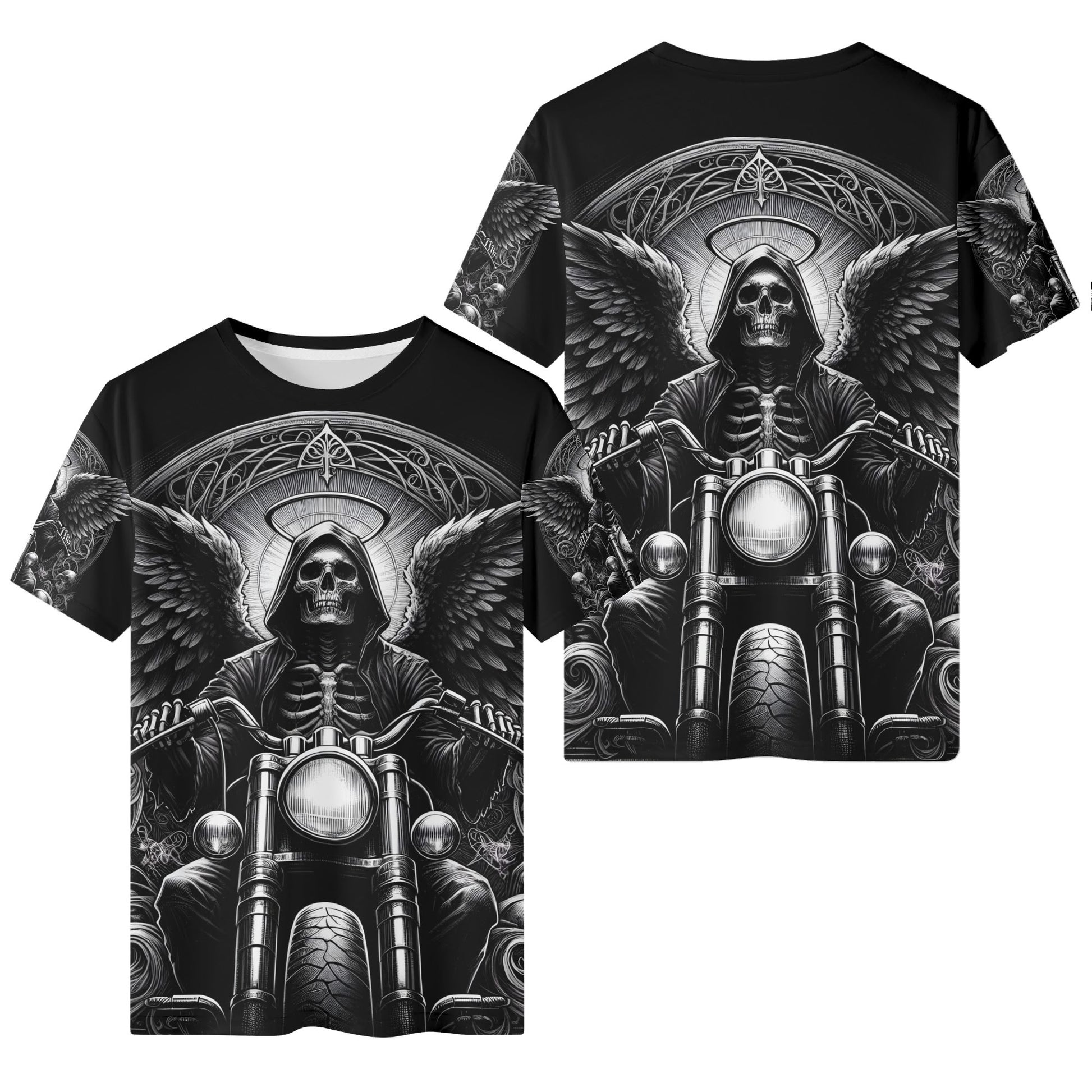 Death on Wheels 100 Cotton T-Shirt by Loud and Lethal featuring skeleton rider on motorcycle with wings
