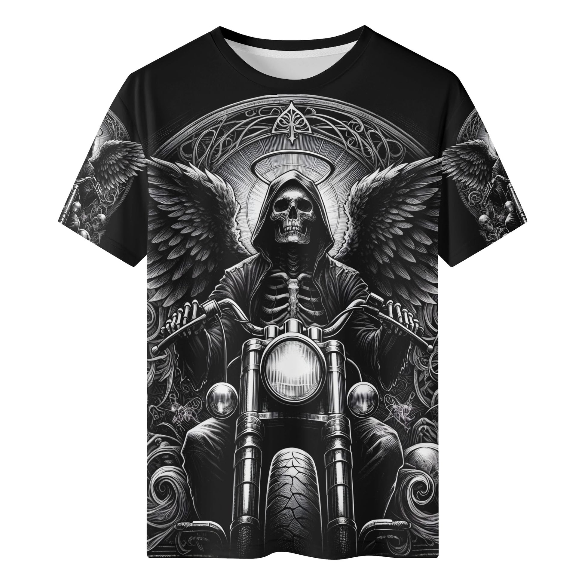 Death on Wheels 100 Cotton T-Shirt by Loud and Lethal featuring skeleton rider with wings on motorcycle
