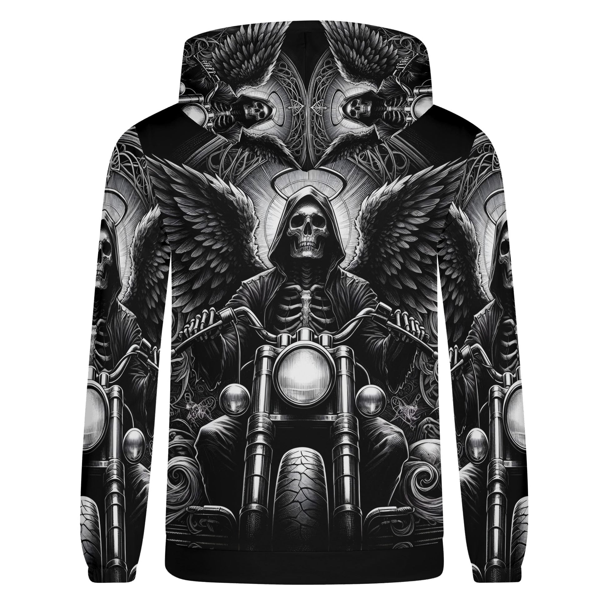 Death on Wheels Cotton Terry Hoodie by Loud and Lethal featuring grim reaper riding motorcycle with wings