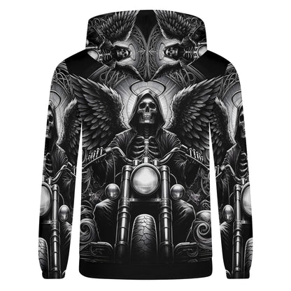 Death on Wheels Cotton Terry Hoodie by Loud and Lethal featuring grim reaper riding motorcycle with wings