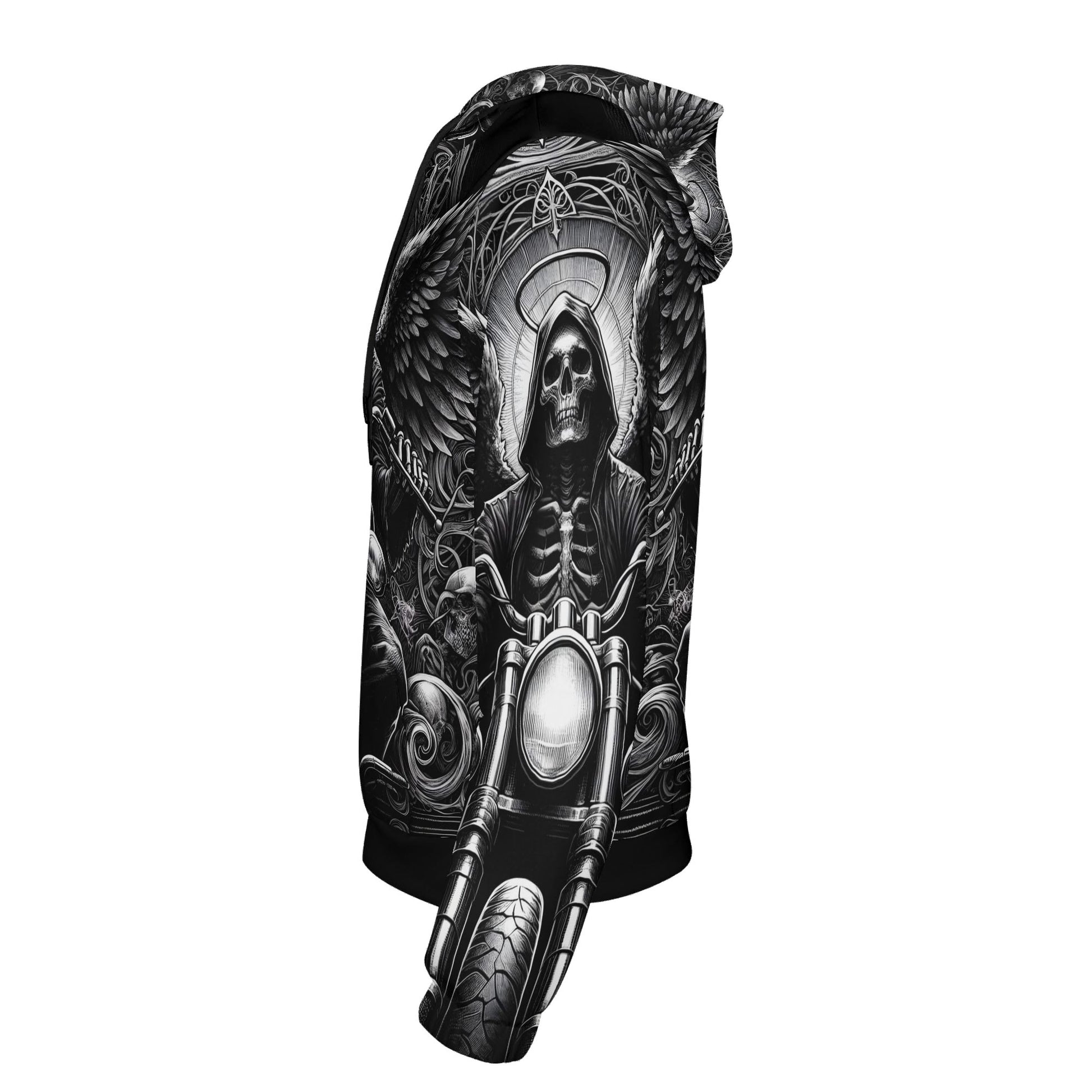 Unisex Death on Wheels Cotton Terry Hoodie by Loud and Lethal with detailed grim reaper motorcycle design