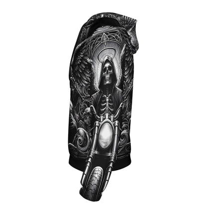 Unisex Death on Wheels Cotton Terry Hoodie by Loud and Lethal with detailed grim reaper motorcycle design