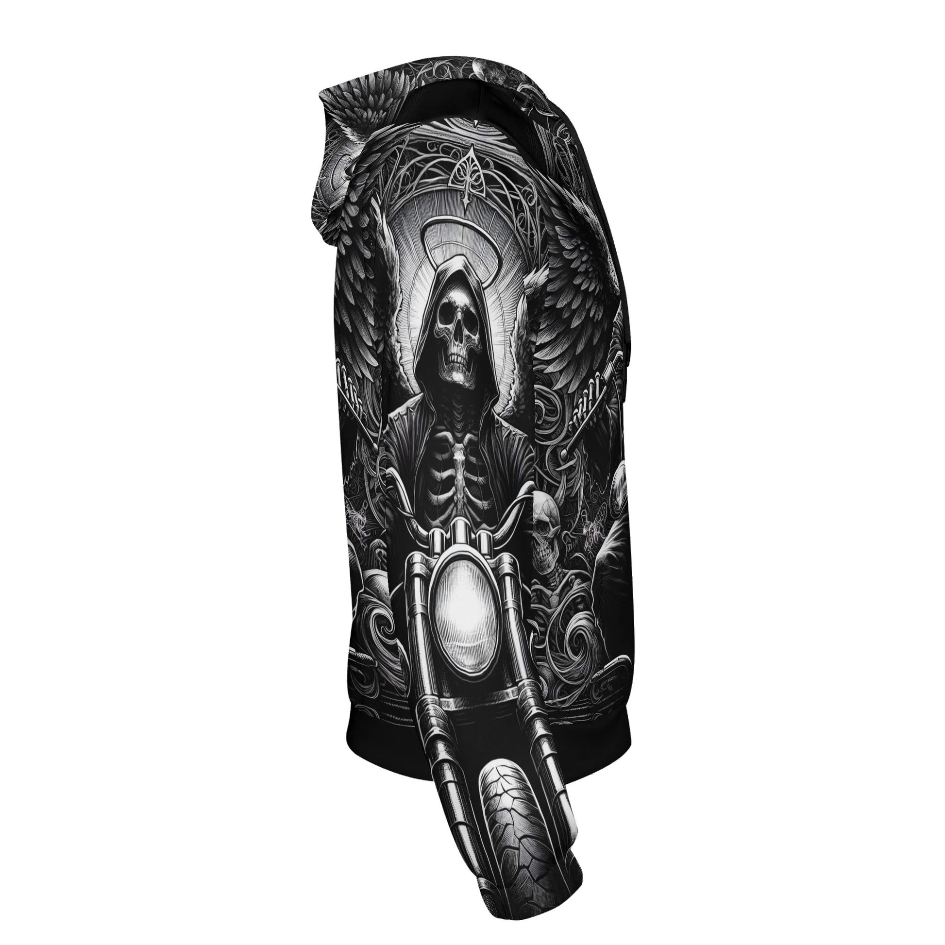 Death on Wheels Cotton Terry Hoodie by Loud and Lethal featuring skeleton rider on motorcycle graphic