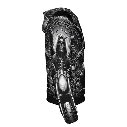 Death on Wheels Cotton Terry Hoodie by Loud and Lethal featuring skeleton rider on motorcycle graphic