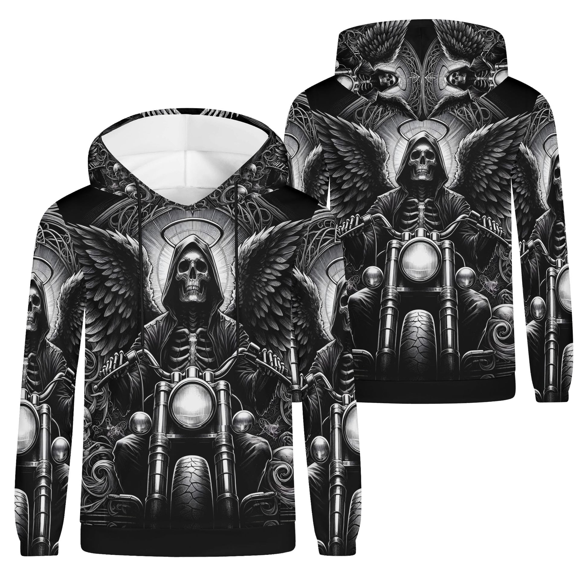 Loud and Lethal Death on Wheels Cotton Terry Hoodie featuring skull biker design with wings in black and white