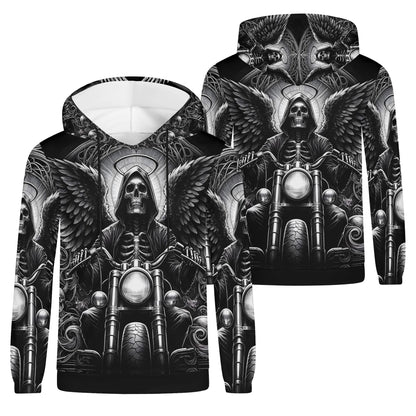 Loud and Lethal Death on Wheels Cotton Terry Hoodie featuring skull biker design with wings in black and white