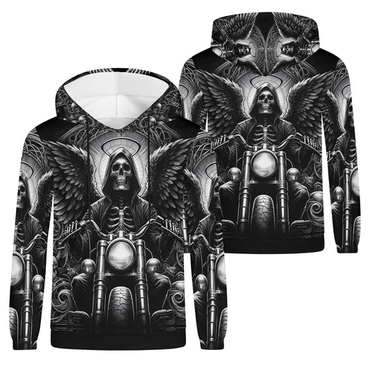 Loud and Lethal Death on Wheels Cotton Terry Hoodie featuring skull biker design with wings in black and white