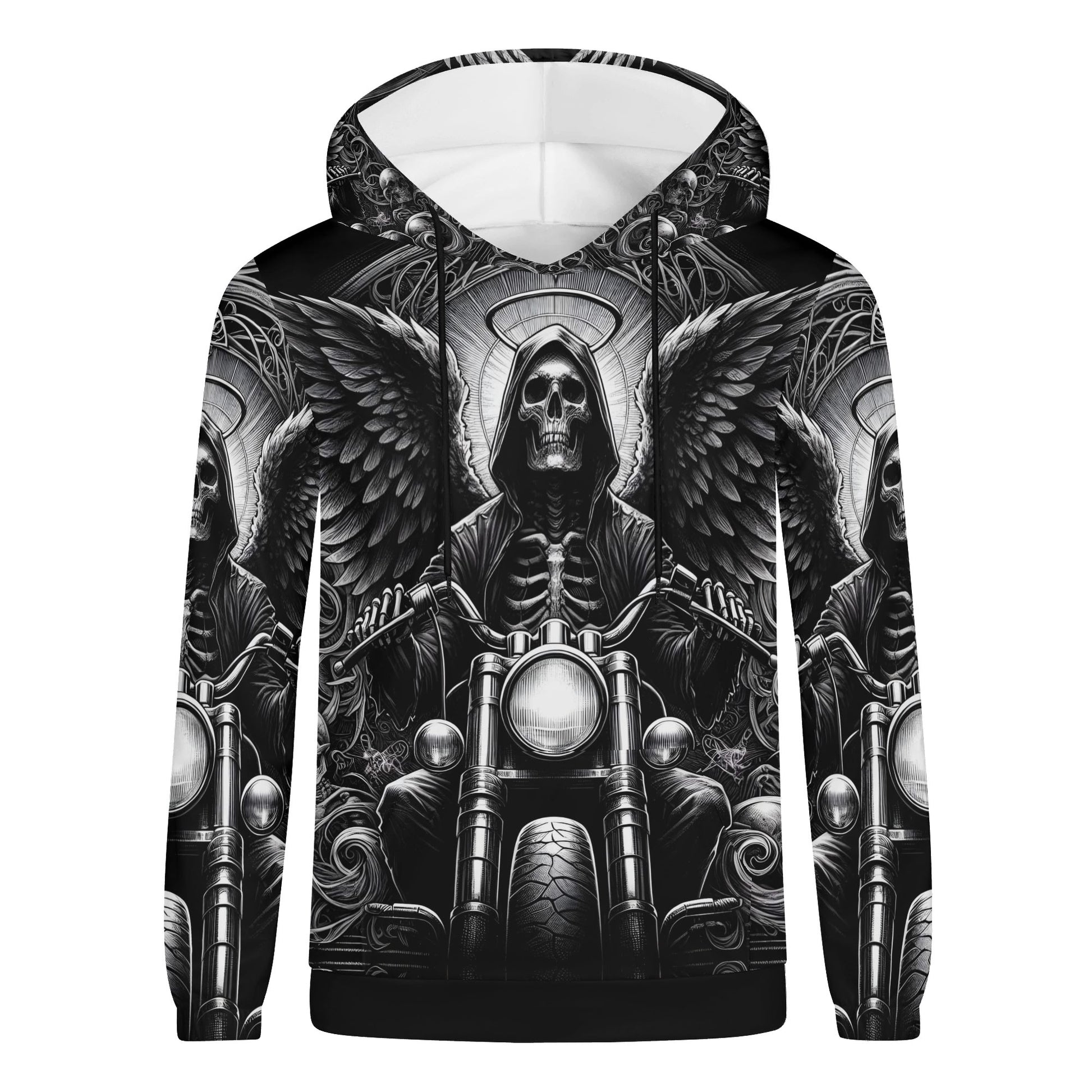 Loud and Lethal Death on Wheels Cotton Terry Hoodie with black and white skull biker design