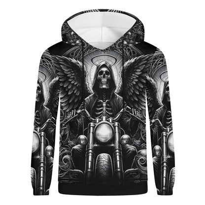 Loud and Lethal Death on Wheels Cotton Terry Hoodie with black and white skull biker design