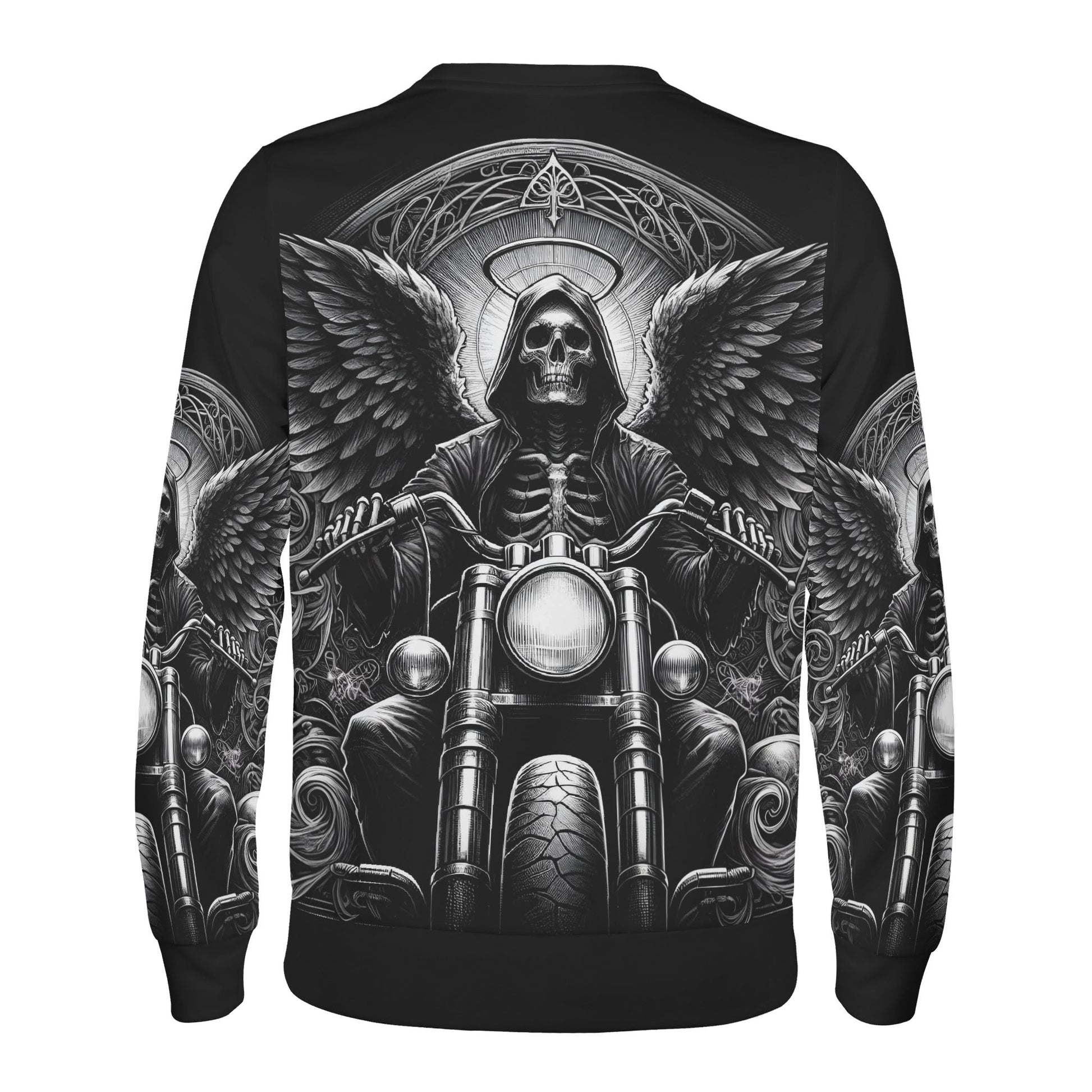 Death on Wheels Poly French Terry Sweatshirt featuring winged skeleton rider on motorcycle design