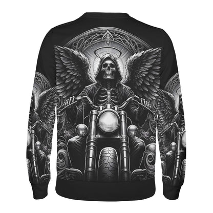 Death on Wheels Poly French Terry Sweatshirt featuring winged skeleton rider on motorcycle design