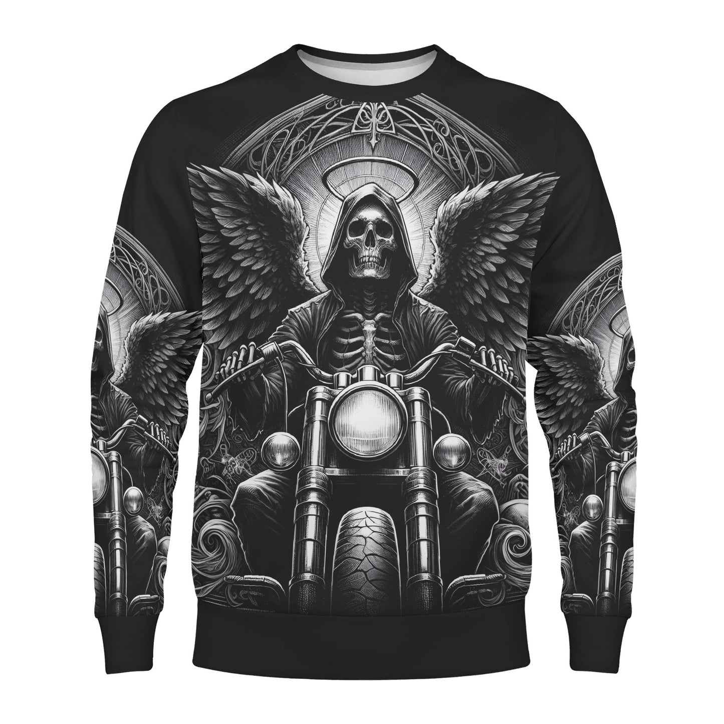 Loud and Lethal Death on Wheels Poly French Terry Sweatshirt with Grim Reaper on Motorcycle design