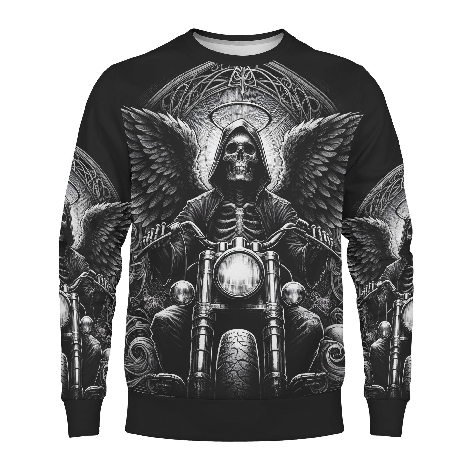 Loud and Lethal Death on Wheels Poly French Terry Sweatshirt with Grim Reaper on Motorcycle design