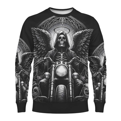 Loud and Lethal Death on Wheels Poly French Terry Sweatshirt with Grim Reaper on Motorcycle design