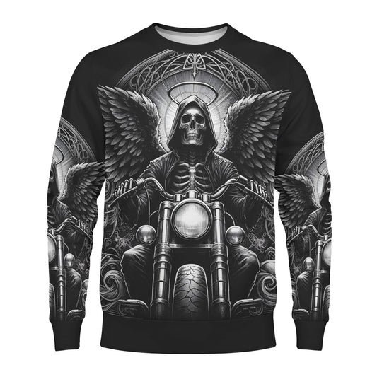 Loud and Lethal Death on Wheels Poly French Terry Sweatshirt with Grim Reaper on Motorcycle design