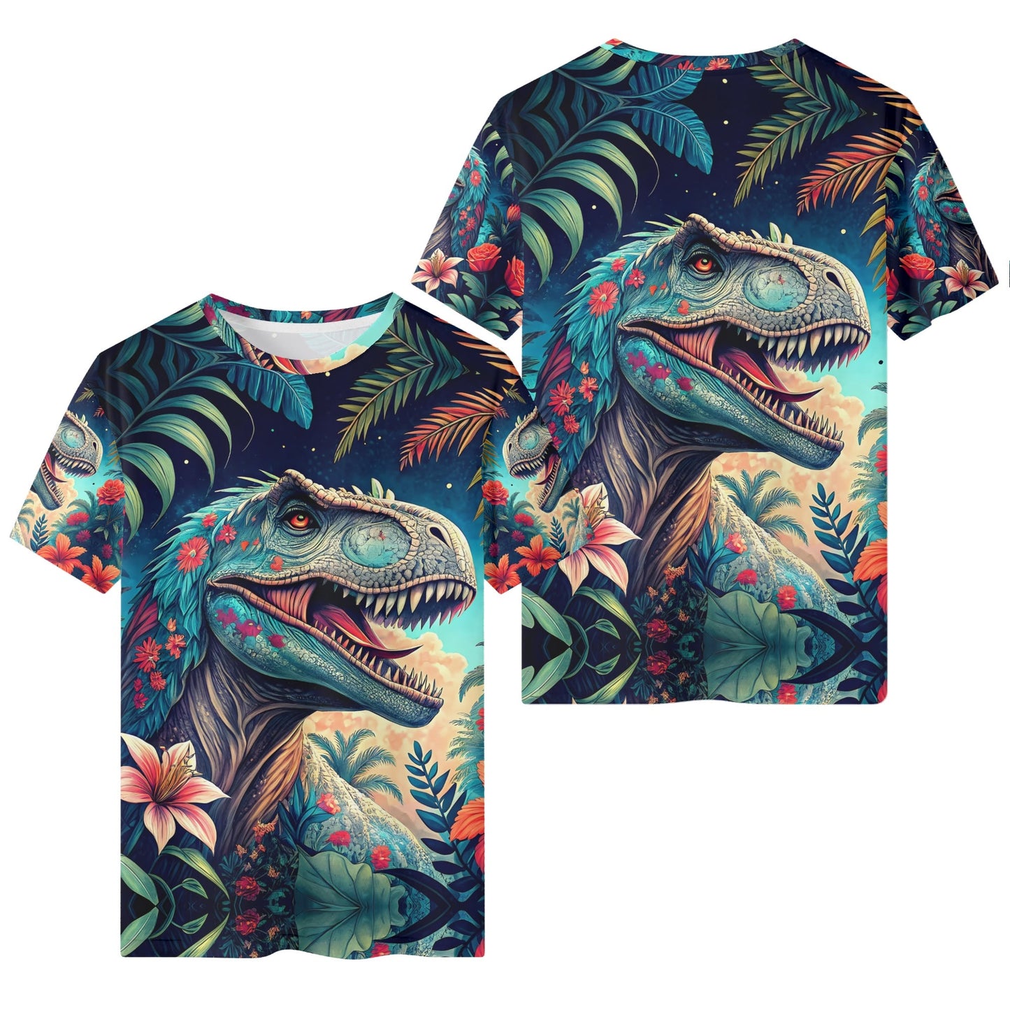 Dino Bloom Lycra Kids T-Shirt . Loud and Lethal colorful tropical dinosaur floral print on front and back of kids tee